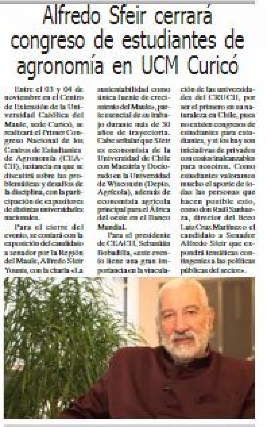 02 en Diario El Heraldo: “Alfredo Sfeir cerrará congreso de estudiantes de agronomía en UCM Curicó”
