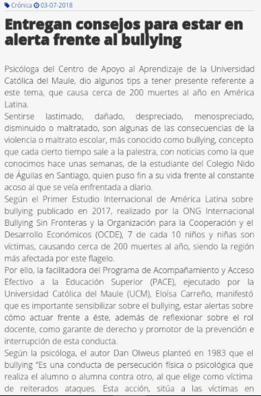 03 de julio en Diario El Heraldo: “Entregan consejos para estar en alerta frente al bullyng”