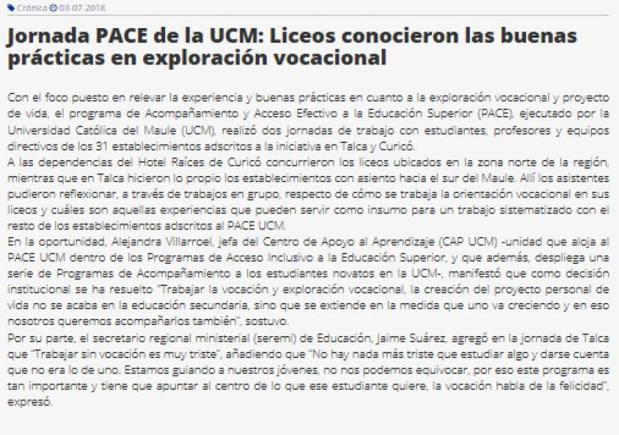 03 de julio en Diario El Heraldo: “Jornada PACE de la UCM: Liceos conocieron las buenas prácticas en exploración vocacional”