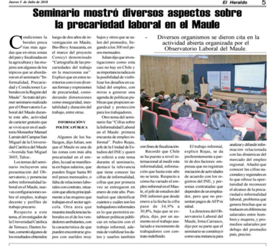 05 de julio en Diario El Heraldo: “Seminario mostró diversos aspectos sobre la precariedad laboral en el Maule”