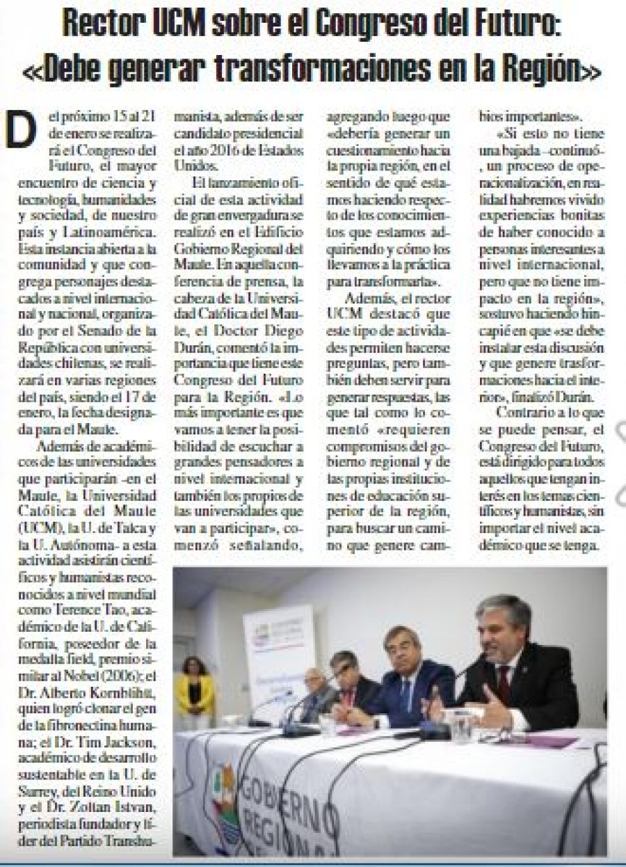 07 de enero en Diario El Heraldo: “Rector UCM sobre el Congreso del Futuro: “Debe generar transformaciones en la Región”