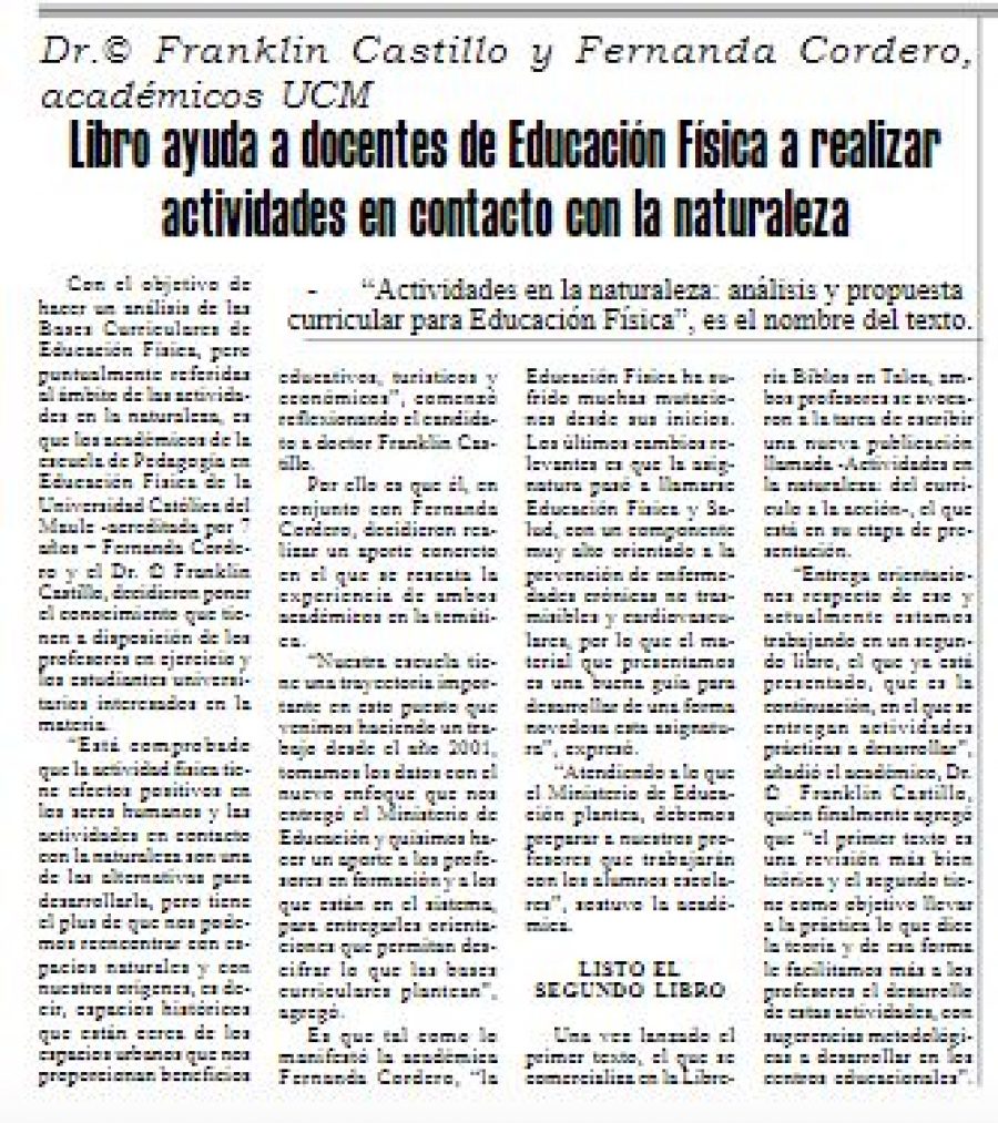 07 de marzo en Diario El Heraldo: “Libro ayuda a docentes de Educación Física a realizar actividades en contacto con la naturaleza”