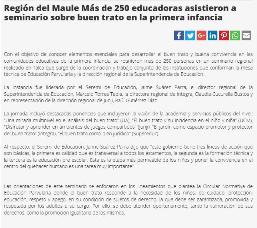 07 de abril en Diario El Heraldo: “Región del Maule Más de 250 educadoras asistieron a seminario sobre buen trato en la primera infancia”
