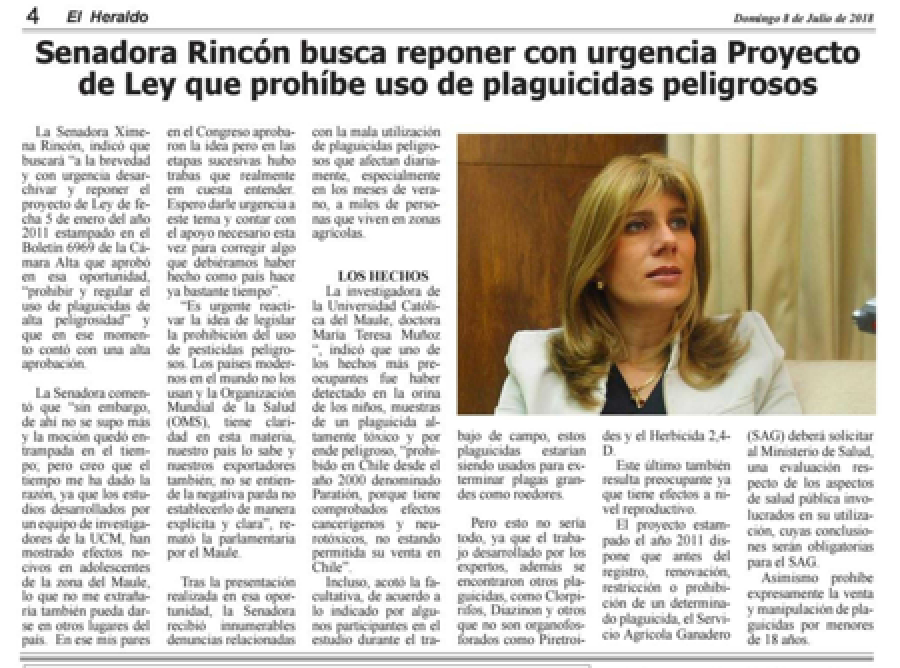 08 de julio en Diario El Heraldo: “Senadora Rincón busca reponer con urgencia Proyecto de Ley que prohíbe uso de plaguicidas peligrosos”