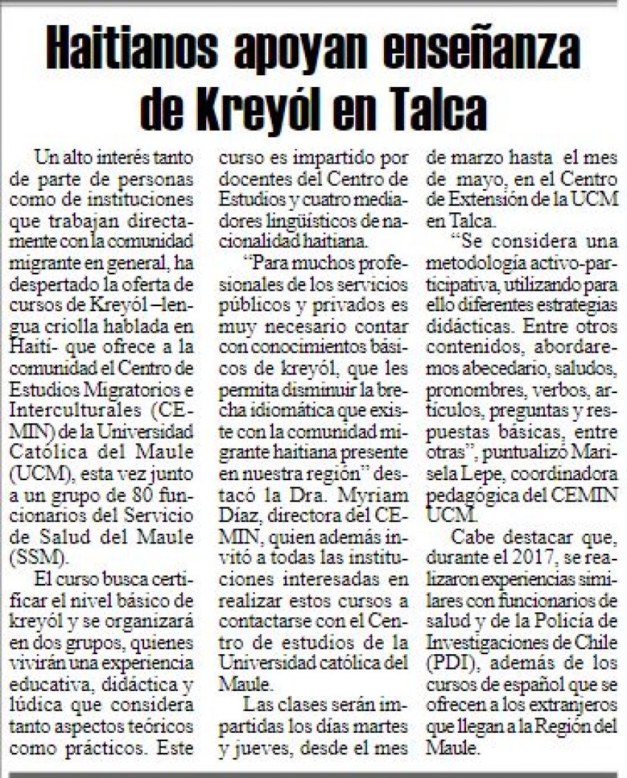 10 de marzo en Diario El Heraldo: “Haitianos apoyan enseñanza de Kreyól en Talca”