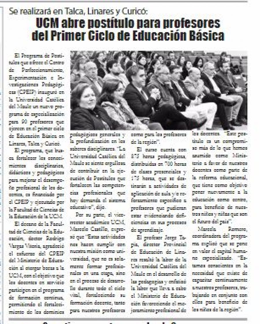 10 de noviembre en Diario El Heraldo: “UCM abre postítulo para profesores del Primer Ciclo de Educación Básica”