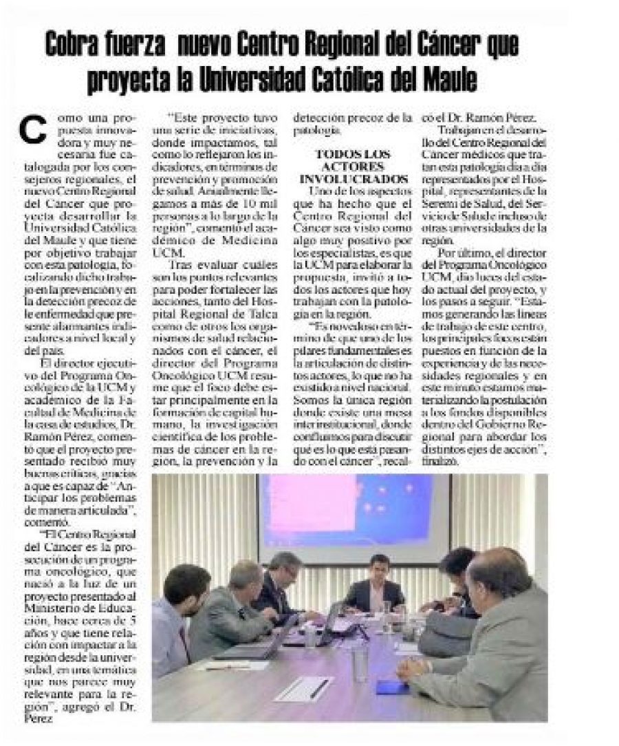 15 de mayo en Diario El Heraldo: “Cobra fuerza nuevo Centro Regional del Cáncer que proyecta la Universidad Católica del Maule”