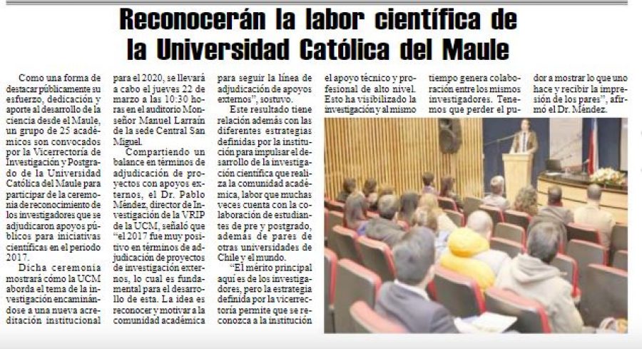 16 de marzo en Diario El Heraldo: “Reconocerán la labor científica de la Universidad Católica del Maule”