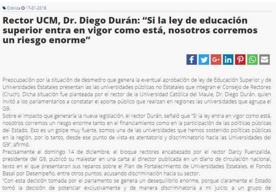 17 de enero en Diario El Heraldo: “Rector UCM, Dr. Diego Durán: “Si la ley de educación superior entra en vigor como está, nosotros corremos un riesgo enorme”