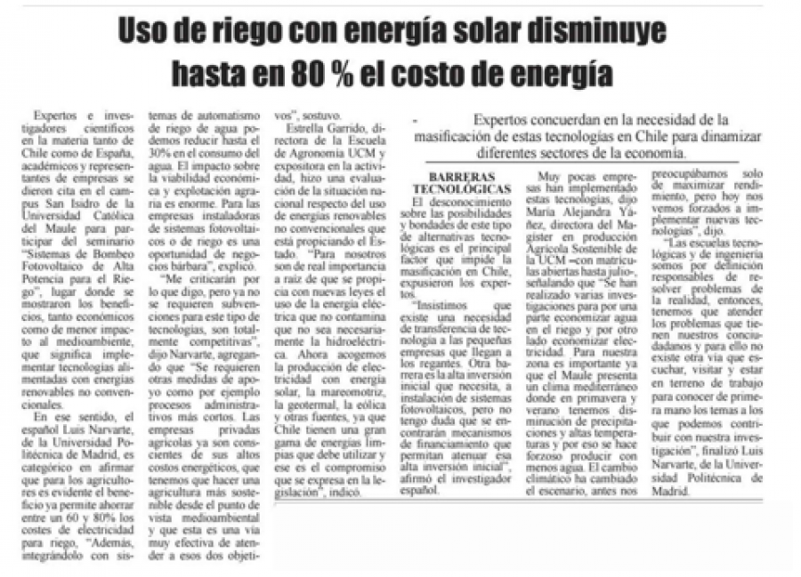 17 de junio en Diario El Heraldo: “Uso de riego con energía solar disminuye hasta en 80 % el costo de energía”