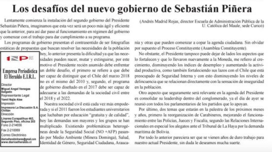 18 de marzo en Diario El Heraldo: “Los desafíos del nuevo gobierno de Sebastián Piñera”