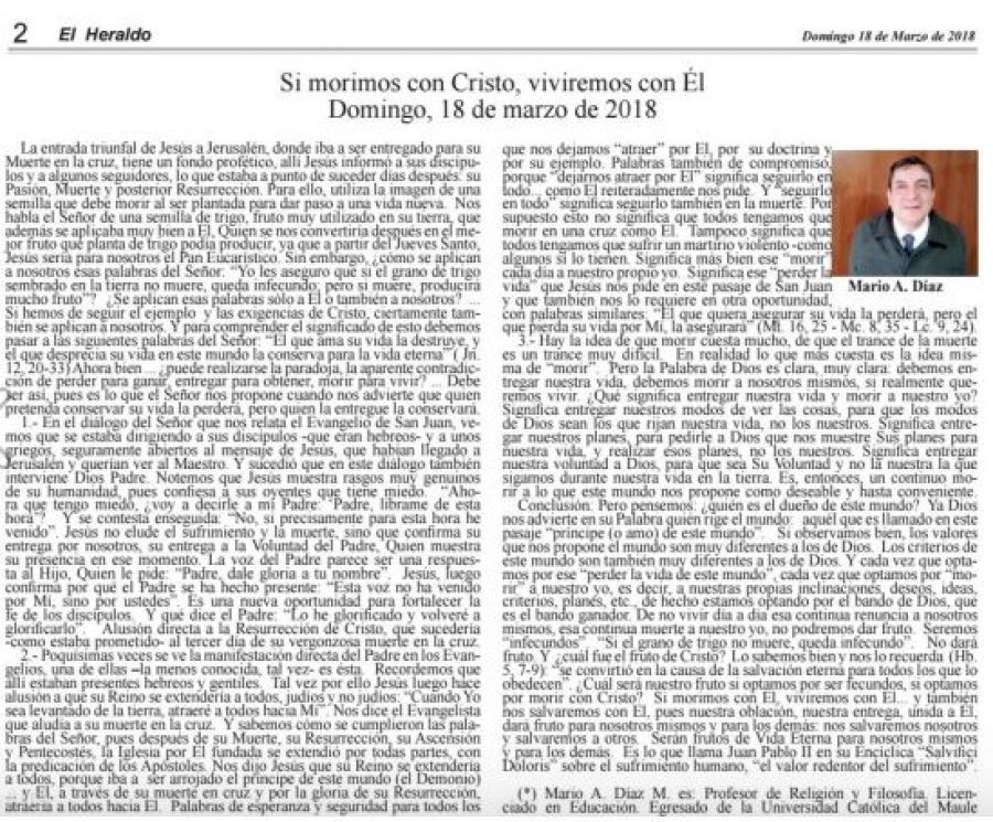 18 de marzo en Diario El Heraldo: “Si morimos con Cristo, viviremos con ÉL”