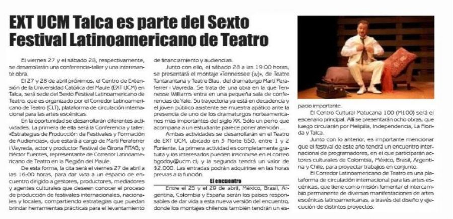 19 de abril en Diario El Heraldo: “EXT UCM Talca es parte del Secto Festival Latinoamericano de Teatro”