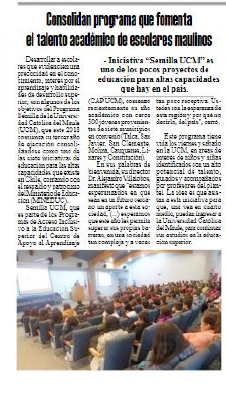 22 de marzo en Diario El Heraldo: “Consolidan programa que fomenta el talento académico de escolares maulinos”