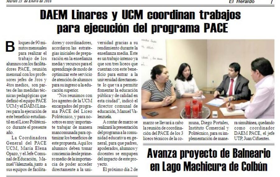 23 de enero en Diario El Heraldo: “DAEM Linares y UCM coordinan trabajos para ejecución del programa PACE”