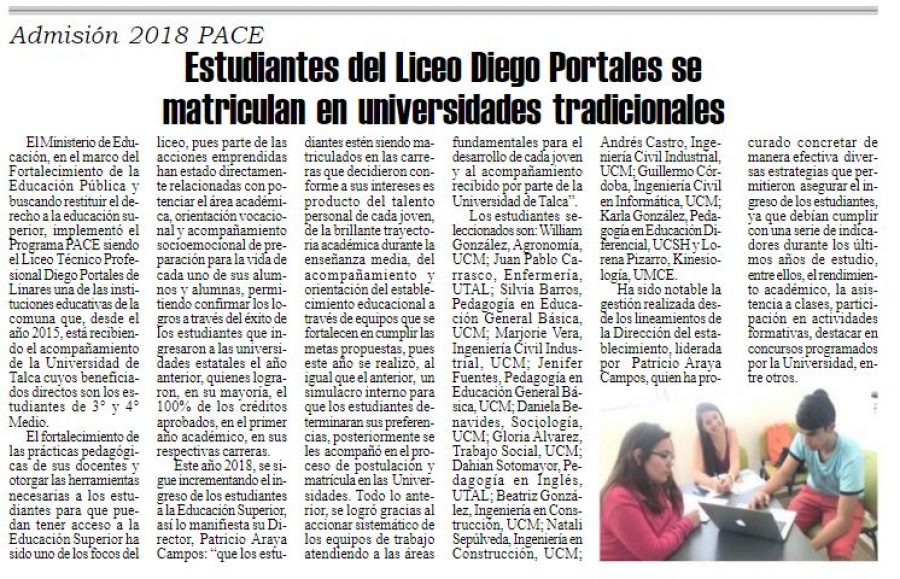 23 de enero en Diario El Heraldo: “Estudiantes del Liceo Diego Portales se matriculan en universidades tradicionales”