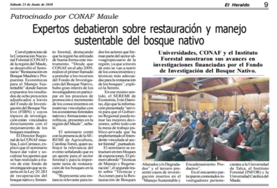 23 de junio en Diario El Heraldo: “Expertos debatieron sobre restauración y manejo sustentable del bosque nativo”