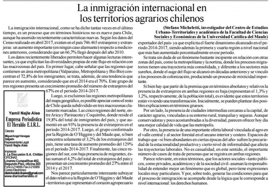 23 de agosto en Diario El Heraldo: “La inmigración internacional en los territorios agrarios chilenos”