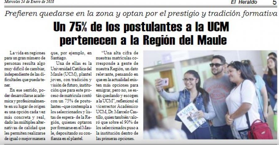24 de enero en Diario El Heraldo: “Un 75% de los postulantes a la UCM pertenecen a la Región del Maule”