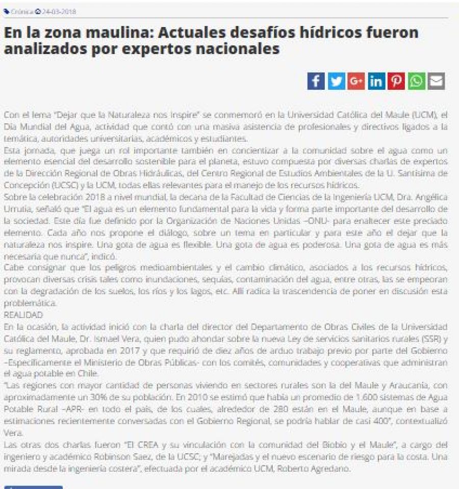 24 de marzo en Diario El Heraldo: “En la zona maulina: Actuales desafíos hídricos fueron analizados por expertos nacionales”