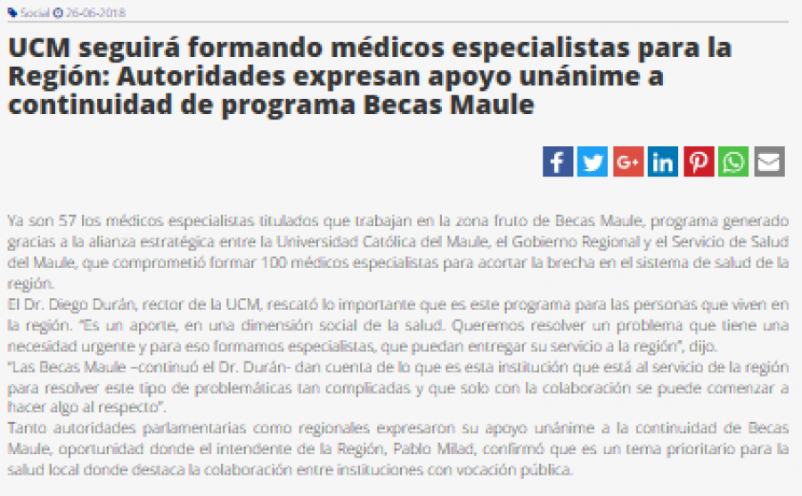 25 de junio en Diario El Heraldo: “UCM seguirá formando médicos especialistas para la Región: Autoridades expresan apoyo unánime a continuidad de programa Becas Maule”