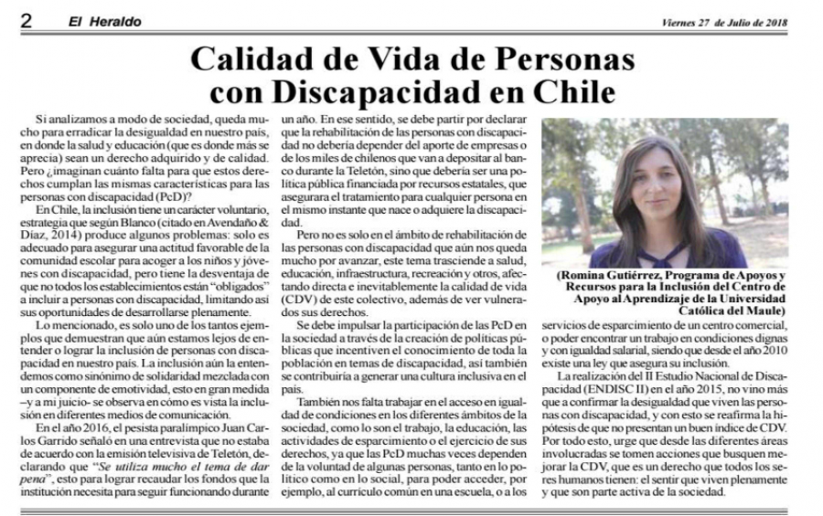 27 de julio en Diario El Heraldo: “Calidad de Vida de Personas con Discapacidad en Chile”