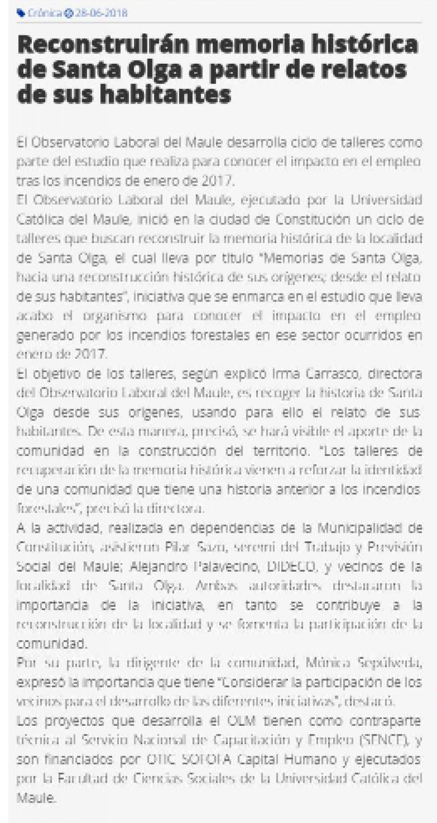 28 de junio en Diario El Heraldo: “Reconstruirán memoria histórica de Santa Olga a partir de relatos de sus habitantes”