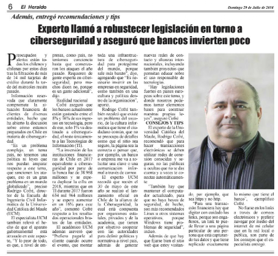 29 de julio en Diario El Heraldo: “Experto llamó a robustecer legislación en torno a ciberseguridad y aseguró que bancos invierten poco”