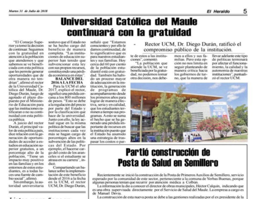 31 de julio en Diario El Heraldo: “Universidad Católica del Maule continuará con la gratuidad”