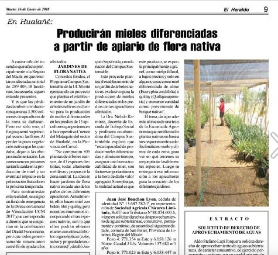 16 de enero en Diario El Heraldo: “Producirán mieles diferenciadas a partir de apiario de flora nativa”