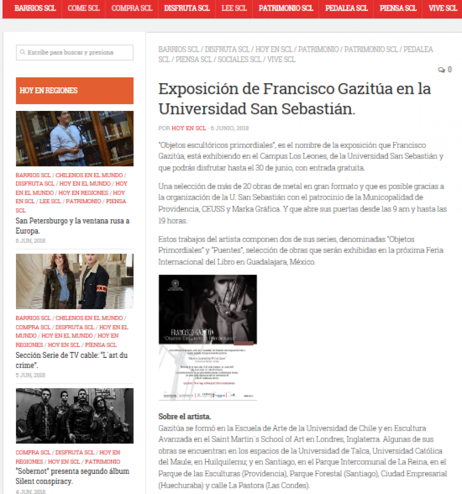 06 de junio en Hoy en Santiago: “Exposición de Francisco Gazitúa en la Universidad San Sebastián”