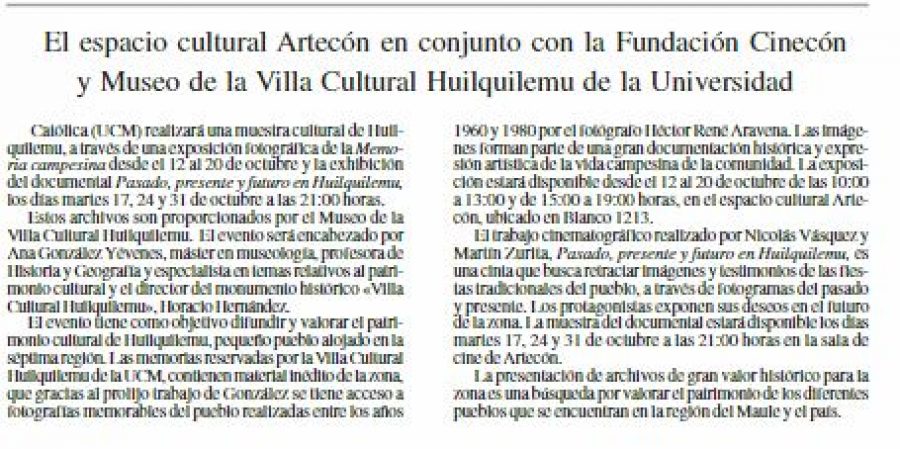 10 de octubre en Diario El Heraldo: “El espacio cultural Artecón en conjunto con la Fundación Cinecón y Museo de la Villa Cultural Huilquilemu de la Universidad”