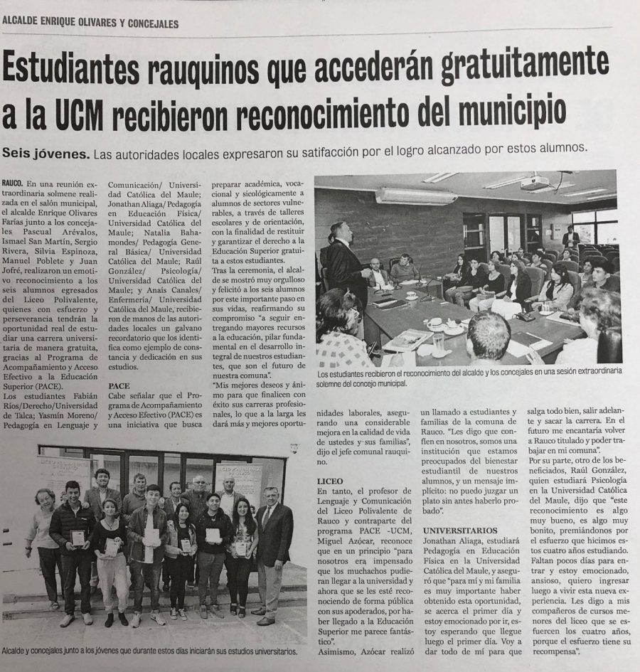 05 de marzo en Diario La Prensa: “Estudiantes rauquinos que accederán gratuitamente a la UCM recibieron reconocimiento del municipio”