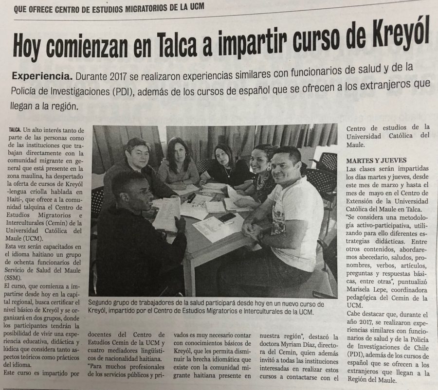 13 de marzo en Diario La Prensa: “Hoy comienzan en Talca a impartir curso de Kreyól”