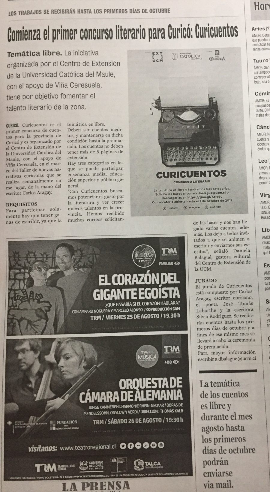 22 de agosto en Diario La Prensa: “Comienza el primer concurso literario para Curicó: Curicuentos”