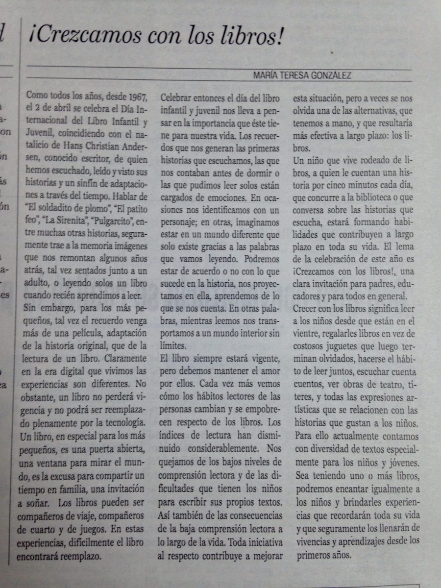 04 de abril en Diario La Prensa: “¡Crezcamos con los libros!”