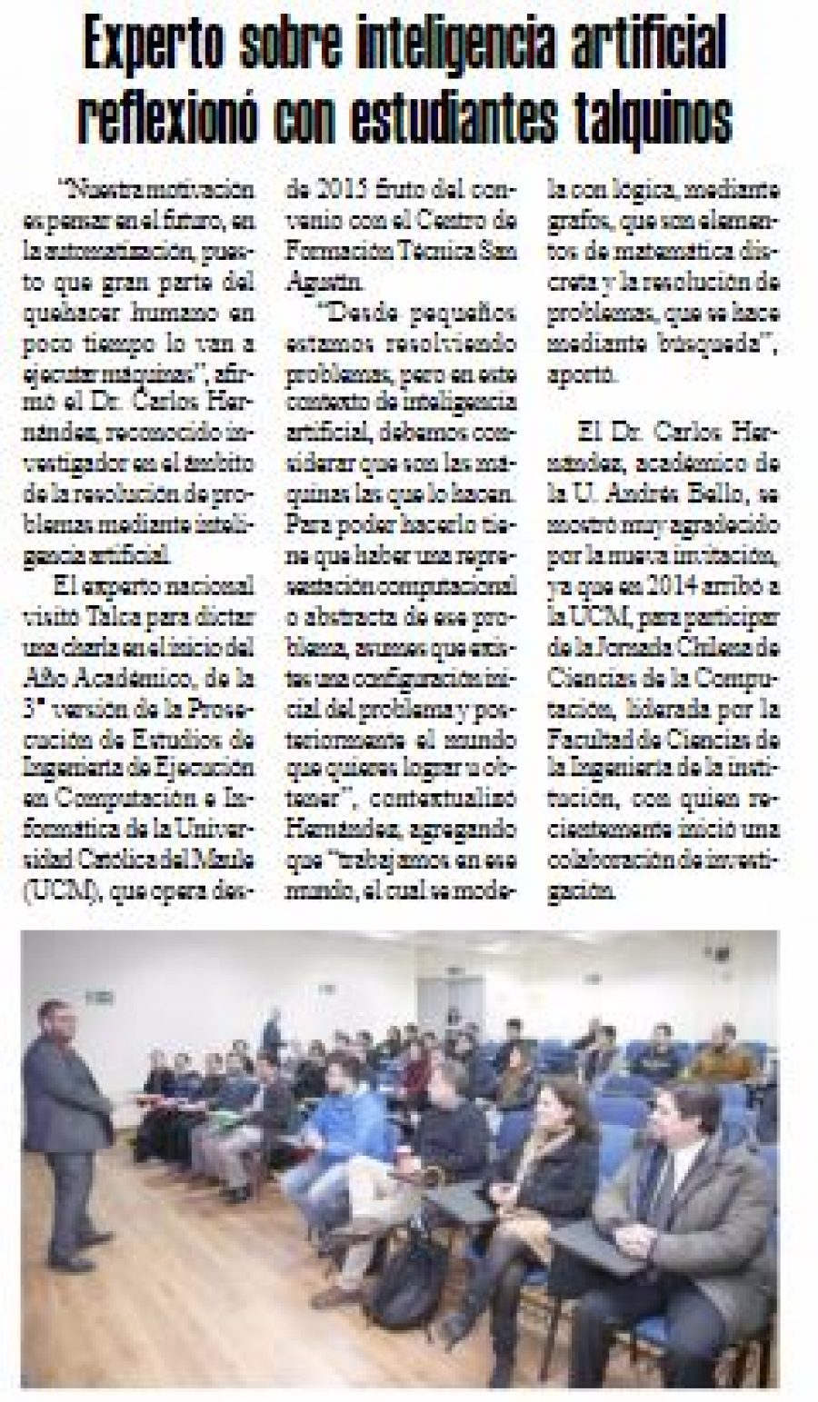 25 de agosto en Diario El Heraldo: “Experto en inteligencia artificial reflexionó con estudiantes talquinos”
