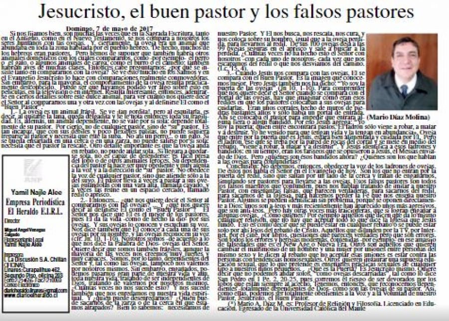 07 de mayo en Diario El Heraldo: “Jesucristo, el buen pastor y los falsos pastores”