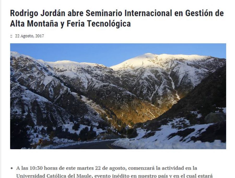 22 de agosto en Universia: “Rodrigo Jordán abre Seminario Internacional en Gestión de Alta Montaña y Feria Tecnológica”