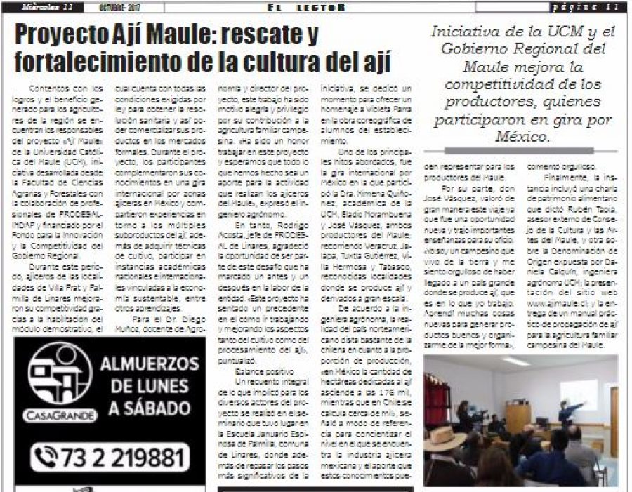 12 de octubre en Diario El Lector: “Proyecto Ají Maule: rescate y fortalecimiento de la cultura del ají”