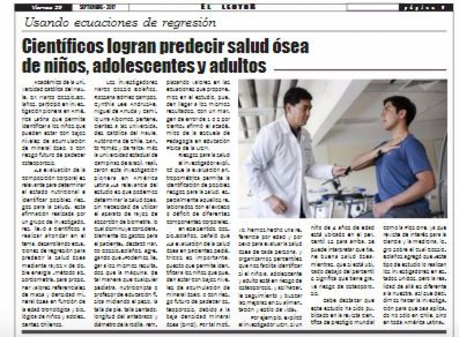29 de septiembre en Diario El Lector: “Científicos logran predecir salud ósea de niños, adolescentes y adultos”