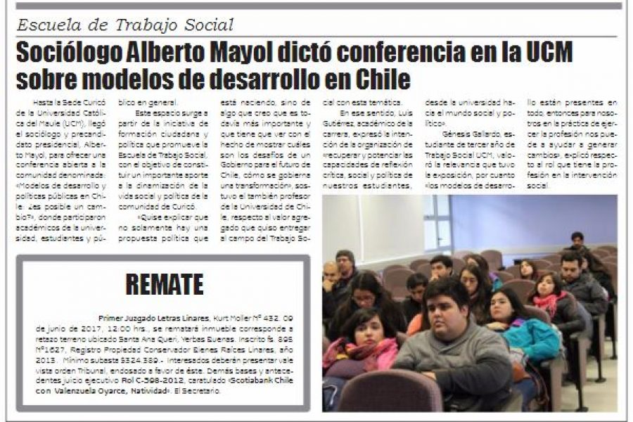 27 de mayo en Diario El Lector: “Sociólogo Alberto Mayol dictó conferencia en la UCM sobre modelos de desarrollo en Chile”