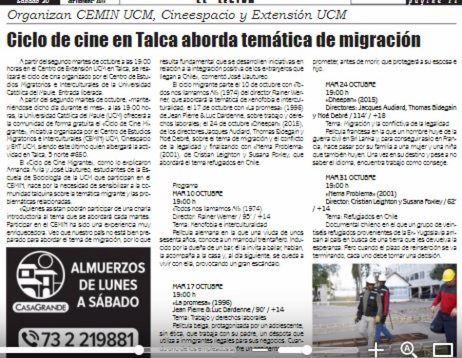 28 de septiembre en Diario El Lector: “Ciclo de cine en Talca aborda temática de migración”