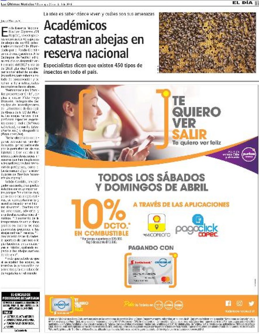 22 de abril en Diario Las Últimas Noticias: “Académicos catastran abejas en Reserva Nacional”