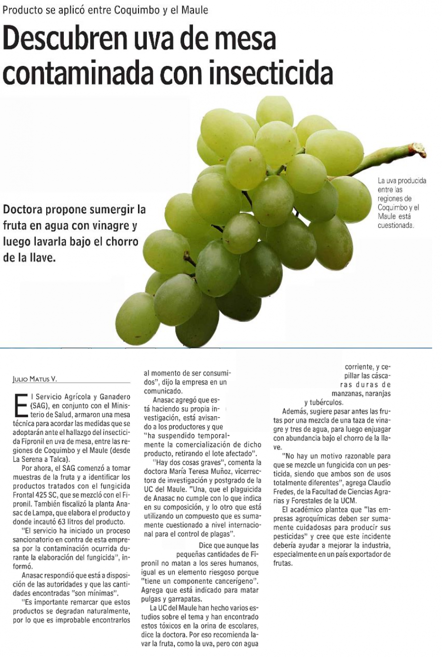 25 de abril en Diario Las Últimas Noticias: “Descubren uva de mesa contaminada con insecticida”