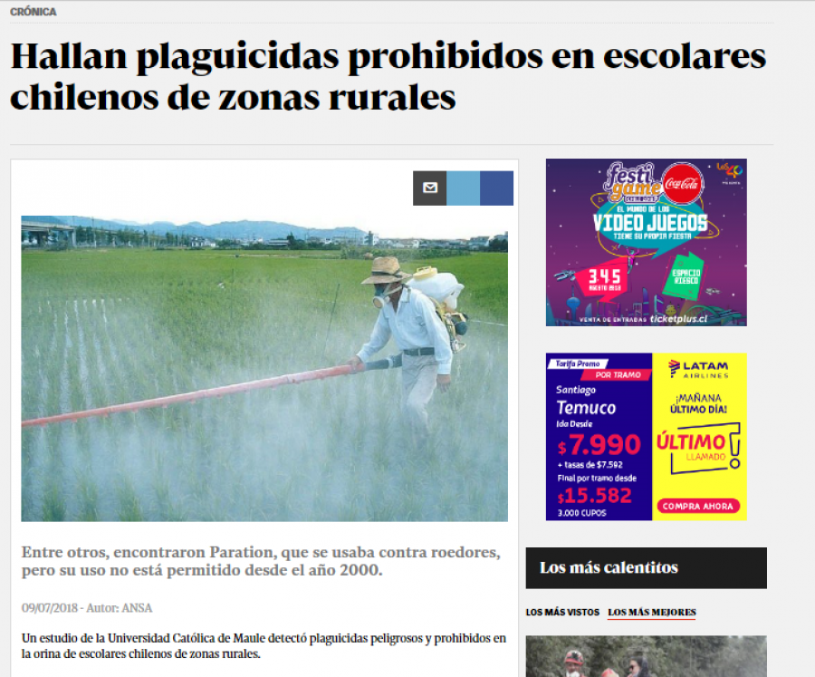 09 de julio en Diario La Cuarta: “Hallan plaguicidas prohibidos en escolares chilenos de zonas rurales”
