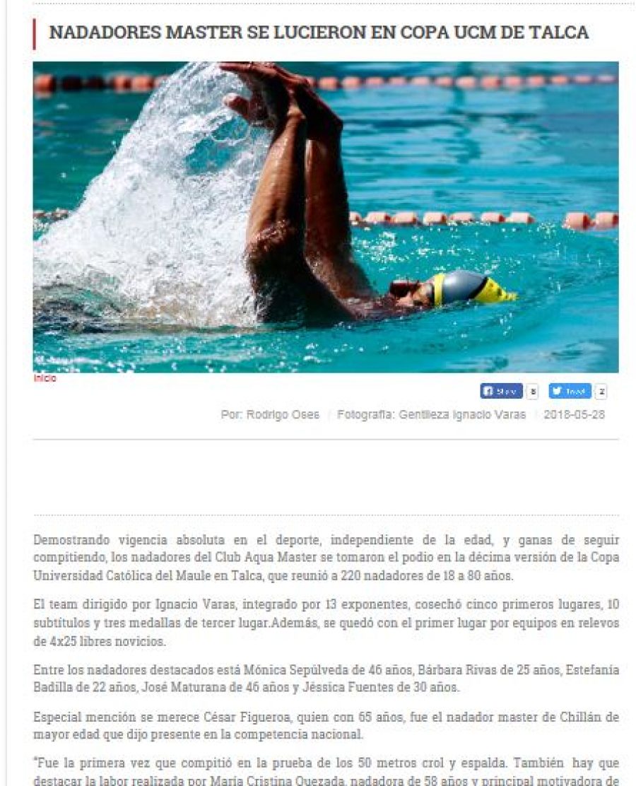 28 de mayo en Diario La Discusión: “Nadadores Master se lucieron en Copa UCM de Talca”
