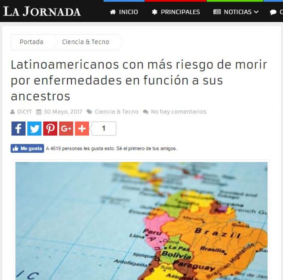 30 de mayo en La Jornada: “Latinoamericanos con más riesgo de morir por enfermedades en función a sus ancestros”