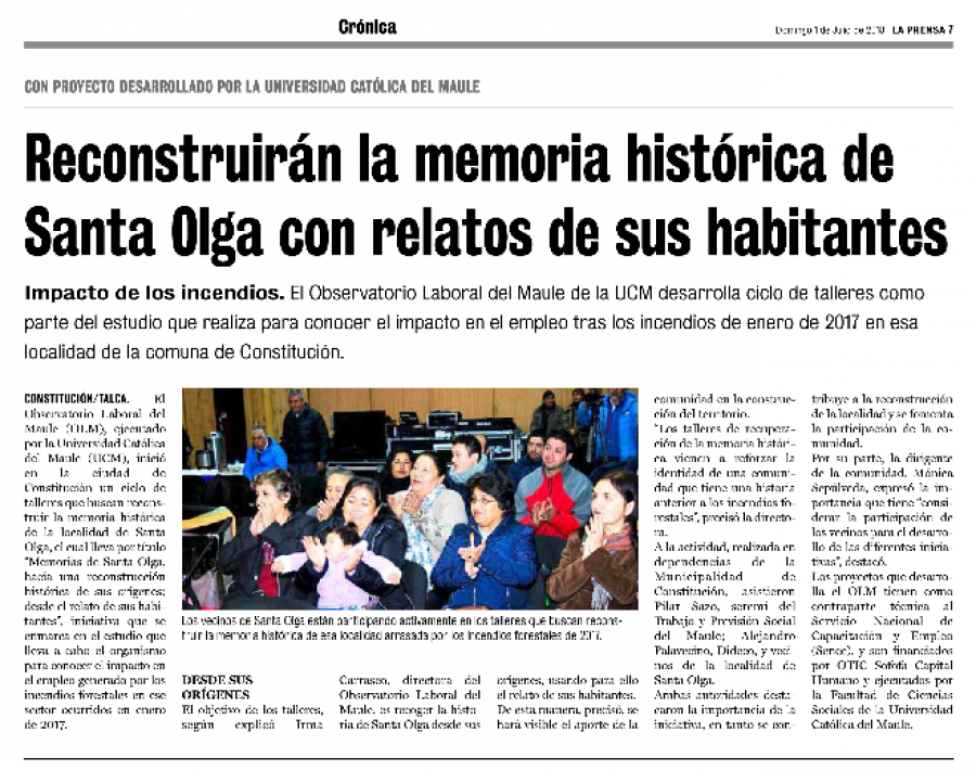 01 de julio en Diario La Prensa: “Reconstruirán la memoria histórica de Santa Olga con relatos de sus habitantes”