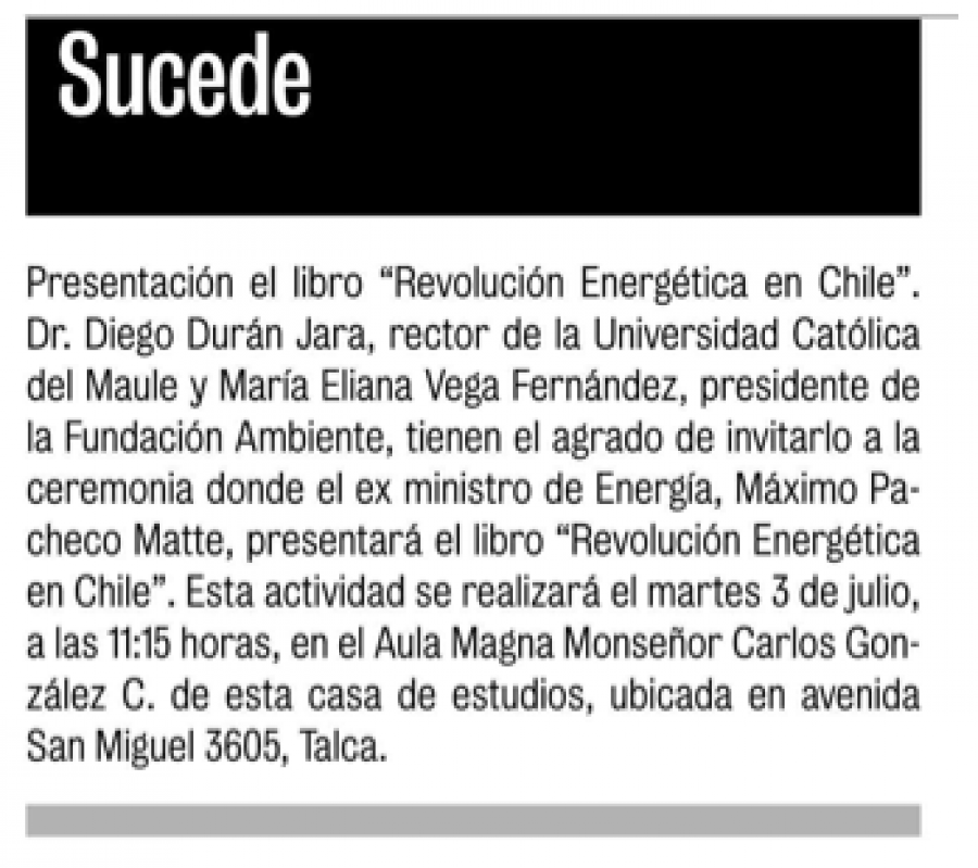 01 de julio en Diario La Prensa: “Presentación Libro Revolución Energética en Chile”